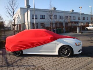 Rotes AD-Cover® Stretch mit Spiegeltaschen für  Mitsubishi Lancer Sport Limousine